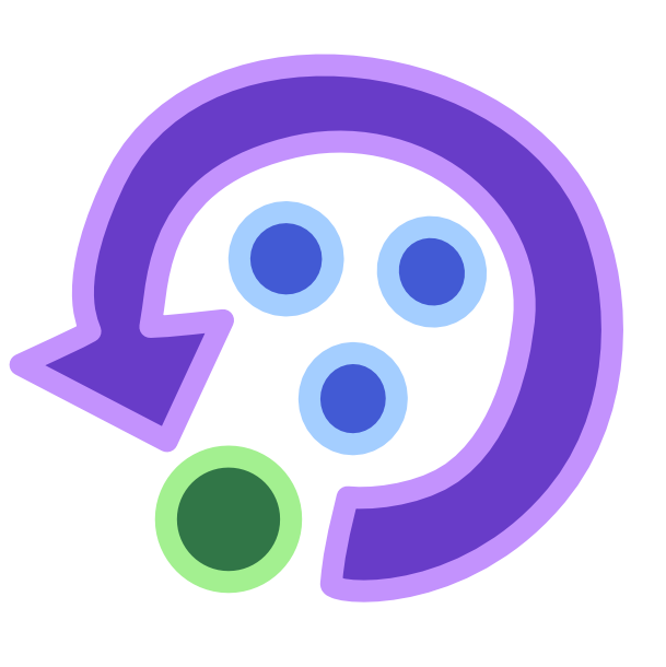 A purple arrow traveling in a circle points to green circle. Inside the circle of the arrow are 3 more circles, but these are blue. This image has light line art.